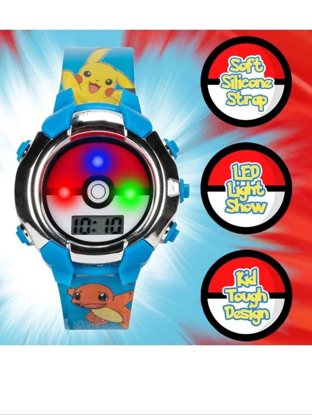 Kids Flashing LCD Watch - Blue Pikachu & Charmander Design